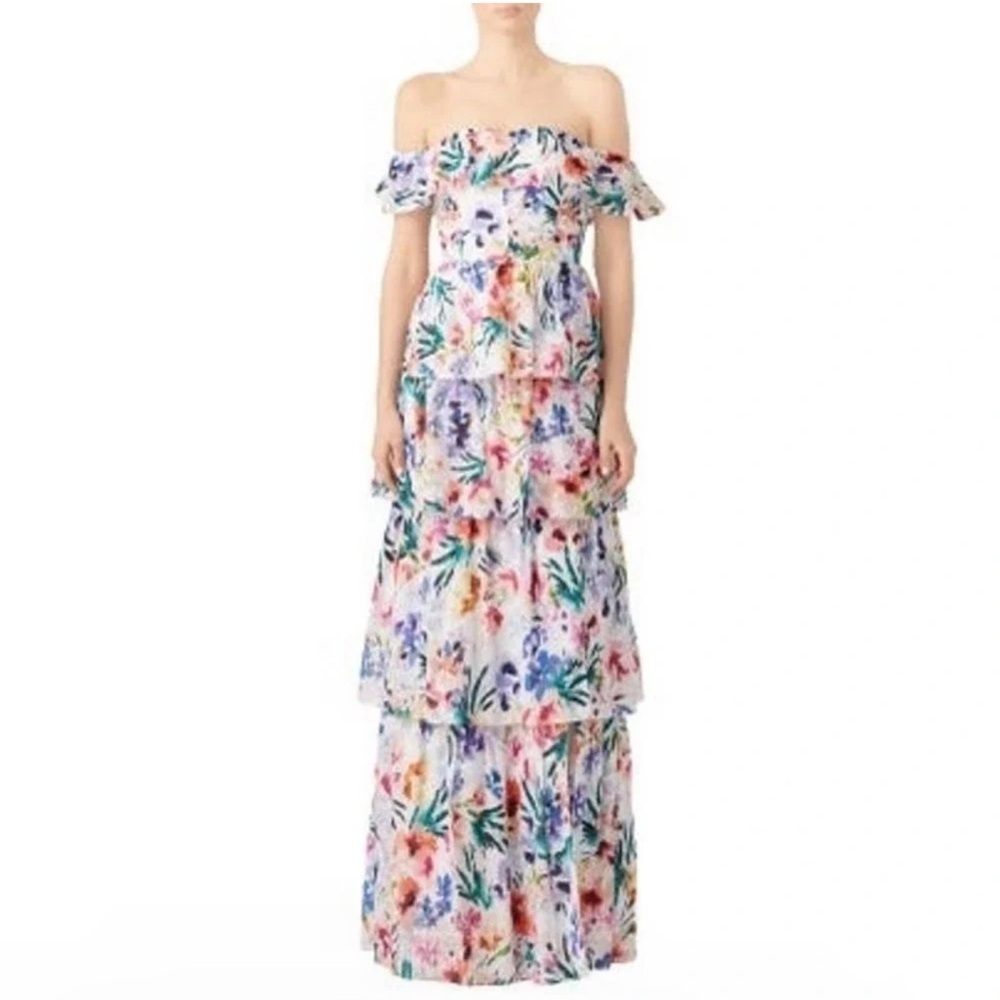 Amanda Uprichard Floral Venezia Off Shoulder Tiered Skirt Gown Size Medium